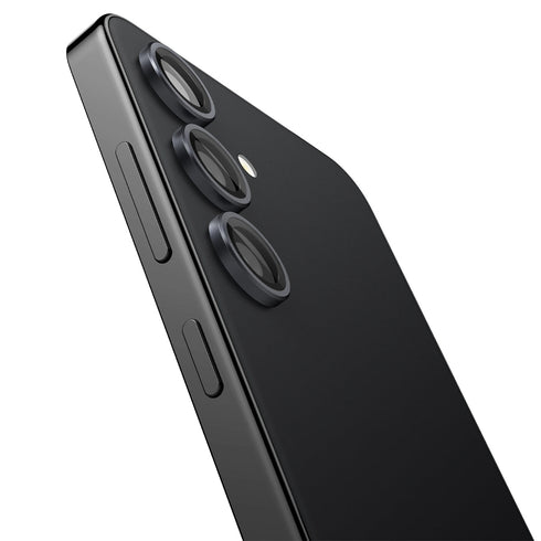 AGL07425 - Galaxy S24 Ultra Optik Pro EZ Fit Lens Protector in Black showing the camera lens protector hovering above another lens protector tray and device showing back